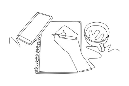 Continuous one line drawing of hand gesture writing on an open book beside a cup of coffee and smartphone. Writing draft business startup concept. Single line draw design vector graphic illustrationのイラスト素材