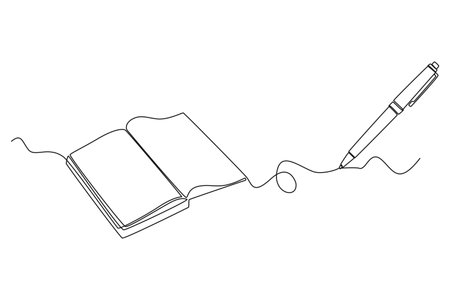 Single continuous line drawing of open book with pen or pencil above work desk. Education learning or writing business draft on office notes concept. One line draw graphic design vector illustrationのイラスト素材