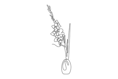 Single one line drawing of beauty fresh gladiolus for home wall art decoration. Printable poster decorative sword gladius flower concept. Modern continuous line draw design graphic vector illustrationのイラスト素材