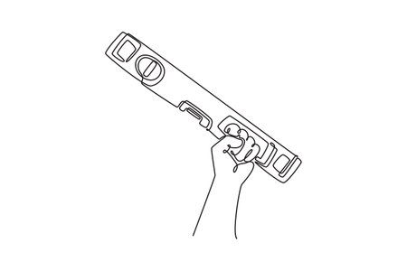 Continuous one line drawing hand of professional male carpenter holding water level meter or spirit level tool in wood workshop. Handyman on duty. Single line draw design vector graphic illustrationのイラスト素材