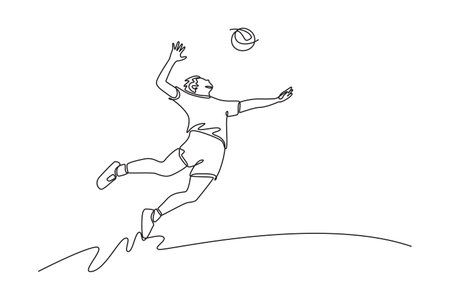 Single one line drawing professional volleyball player hitting the ball with jump spike on court during game play. Sportsman in action. Modern continuous line draw design graphic vector illustrationのイラスト素材