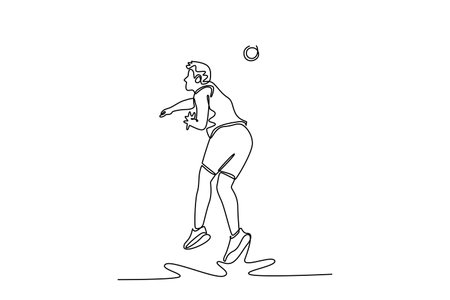Single continuous line drawing healthy and strong male shot put athlete throws a iron ball at indoor championship in track and field athletics stadium. One line draw graphic design vector illustrationのイラスト素材