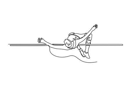 Continuous one line drawing male high jumper athlete training on outdoor stadium for competition. Health, endurance or practice. Cardio exercise or contest. Single line draw design vector illustrationのイラスト素材