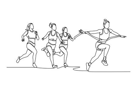 Single continuous line drawing happy woman winning race and coming first to finish line with ribbon over group of sportswoman running marathon on stadium. One line graphic design vector illustrationのイラスト素材