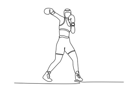Continuous one line drawing woman boxer wearing protective head guard practicing jab punch before match, hard training with intensity at indoor gym. Single line draw design vector graphic illustrationのイラスト素材