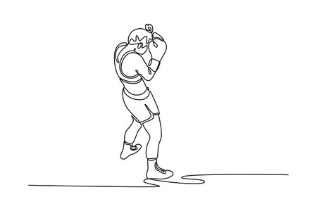 Continuous one line drawing back view woman boxer demonstrating defense pose on boxing ring. Attractive female fighter practicing for boxing match. Single line draw design vector graphic illustrationのイラスト素材