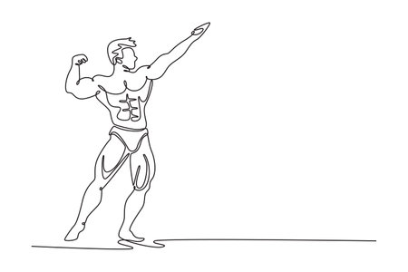 Single one line drawing topless strong bodybuilder in archer pose. Powerful sportsman posing with arm clenching fist. Sports, strength, bodybuilding. Continuous line design graphic vector illustrationのイラスト素材