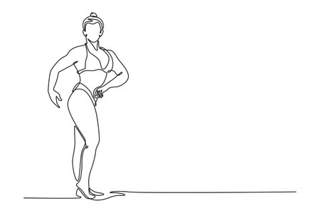 Single continuous line drawing female bodybuilder in sportswear performing quarter turn poses. Attractive sportswoman demonstrating body musculature. One line draw graphic design vector illustrationのイラスト素材