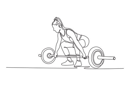 Continuous one line drawing sportswoman doing deadlift at health club. Female athlete doing barbell weight lifting training workout with heavy bar. Single line draw design vector graphic illustrationのイラスト素材