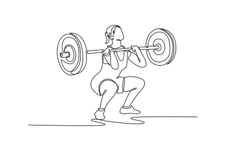 Single one line drawing woman athlete doing front squat with a barbell in the gym. Body building, healthy lifestyle, movement, action concept. Continuous line draw design graphic vector illustrationのイラスト素材