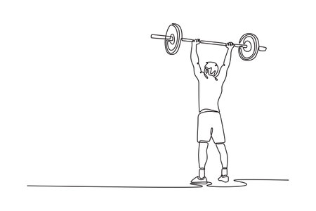 Continuous one line drawing back view fit young man doing heavy weight exercise in health club. Sportsman lifting barbells over his head in the gym. Single line draw design vector graphic illustrationのイラスト素材