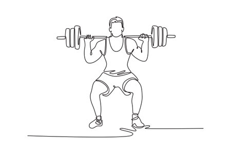 Continuous one line drawing front view strong bodybuilder doing squats and lifting barbell. Muscular athlete practice weightlifting, heavy weights. Single line draw design vector graphic illustrationのイラスト素材