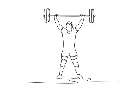 Single one line drawing strong young man lifting barbells at gym. Fit bodybuilder doing barbell weight lifting training workout with heavy bar. Continuous line draw design graphic vector illustrationのイラスト素材