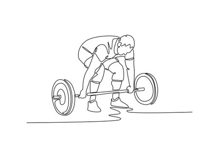 Single continuous line drawing sporty man bodybuilder or powerlifter exercising deadlift with barbell on cross training in a gym. Fitness exercising. One line draw graphic design vector illustrationのイラスト素材