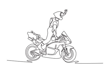 Continuous one line drawing side view of rider on motorcycle celebrates victory as it circuits track. Racer win the race on super bike championship. Single line draw design vector graphic illustrationのイラスト素材