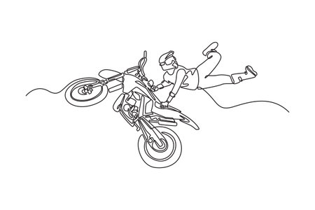 Single continuous line drawing biker acrobatic jump at the trial show executes an extreme maneuver, showcasing remarkable balance and daring expertise. One line draw graphic design vector illustrationのイラスト素材