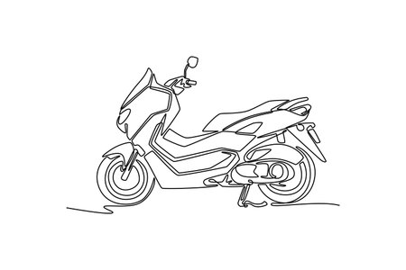 Single one line drawing side view big modern scooter standing on white background. Stylish motorcycle for urban citizen or tour trip vacation. Continuous line draw design graphic vector illustrationのイラスト素材