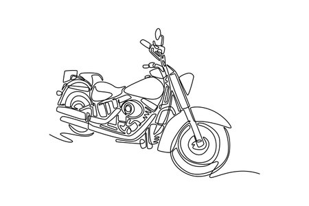 Continuous one line drawing custom bobber motorbike parked in a workshop garage. Classic motorcycle for touring or adventure in country or highway. Single line draw design vector graphic illustrationのイラスト素材