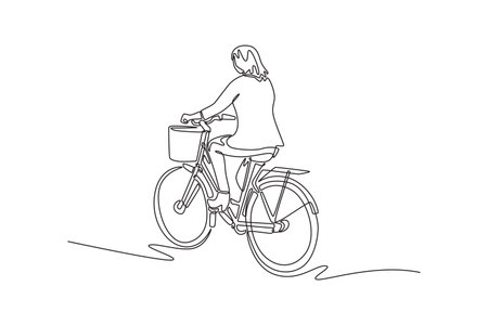 Single continuous line drawing back view of businesswoman in blazer riding her bicycle in town after commuting to work. Eco friendly transport. Dynamic one line draw graphic design vector illustrationのイラスト素材