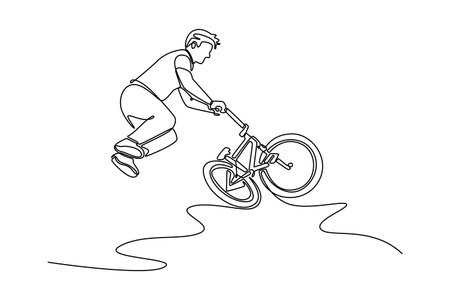 Single one line drawing young rider on a BMX bike does tricks in the air. Attractive BMX freestyle in skate park or street ramp outdoors. Modern continuous line draw design graphic vector illustrationのイラスト素材