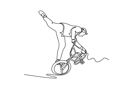Single continuous line drawing young male doing stunts on bike in the city skatepark. Street rider shows freestyle on bike and makes dangerous moves. One line draw graphic design vector illustrationのイラスト素材