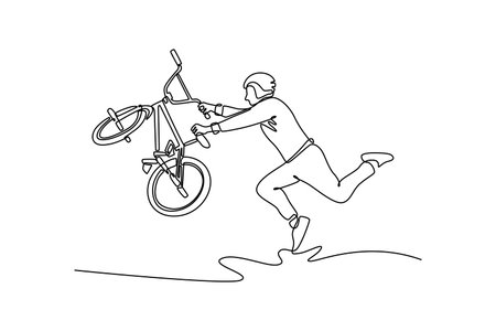 Single continuous line drawing teenager BMX racing rider performs tricks in skate park on pump track. Extreme sport, dynamic, hobby, freestyle. Dynamic one line draw graphic design vector illustrationのイラスト素材