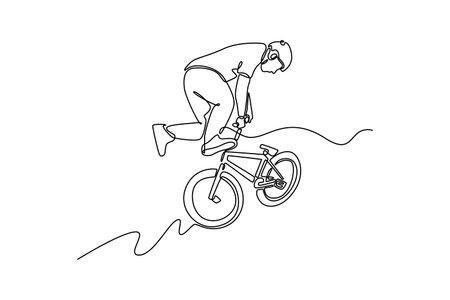 Continuous one line drawing BMX rider making tricks on bicycle in skatepark outdoors. Male athlete doing acrobatic bicycle BMX street performance. Single line draw design vector graphic illustrationのイラスト素材