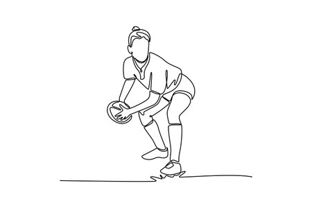 Continuous one line drawing woman athlete pass rugby ball at training for her skill performance in match. Female player in action for competition. Single line draw design vector graphic illustrationのイラスト素材