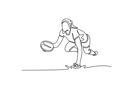 Single continuous line drawing female rugby player making score at training session or match. Woman athlete with ball, victory, winning on grass field. One line draw graphic design vector illustrationのイラスト素材