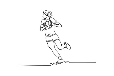 Continuous one line drawing beautiful female rugby player during game, catching ball at stadium. Match, sport, competition, action and motion, cup. Single line draw design vector graphic illustrationのイラスト素材