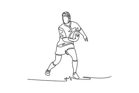 Single one line drawing fit male rugby athlete running in training session. Professional sportsman career. Health, action, motion, competition. Continuous line draw design graphic vector illustrationのイラスト素材