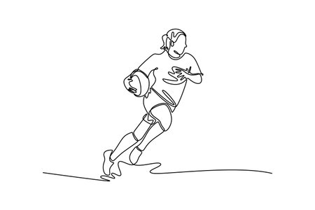Continuous one line drawing female rugby player running in training session, wellness and fitness sports. Exercise, workout and professional career. Single line draw design vector graphic illustrationのイラスト素材