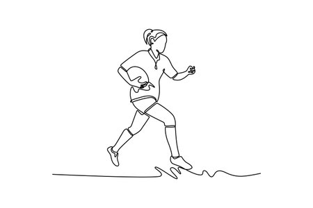 Continuous one line drawing young energic female rugby player in motion at stadium. Professional sport, competition, motivation, game, championship. Single line draw design vector graphic illustrationのイラスト素材