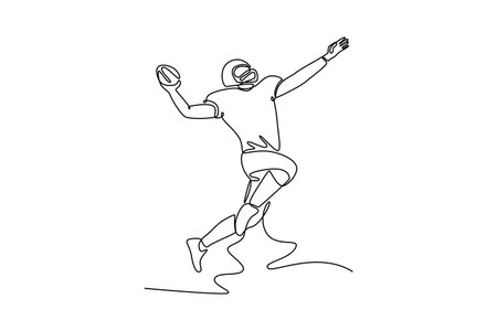 Single continuous line drawing american football player in sport uniform, protective equipment in motion, throwing the ball. Sport, team game, energy. One line draw graphic design vector illustrationのイラスト素材