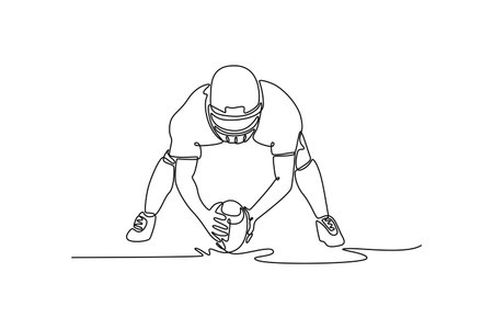 Continuous one line drawing front view American football player holding the ball on outdoor arena. Kick off game start on international tournament. Single line draw design vector graphic illustrationのイラスト素材