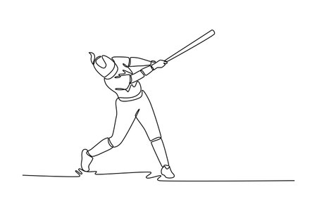 Continuous one line drawing baseball woman athlete swing the bat with speed on outdoor sport field. Softball player hit the ball on exercise ground. Single line draw design vector graphic illustrationのイラスト素材