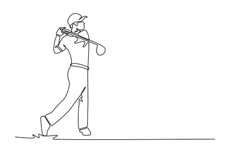 Single one line drawing male golfer finishing his powerful swing with an elegant follow through, depicting successful golf shot and satisfaction of a job well done. Design graphic vector illustrationのイラスト素材