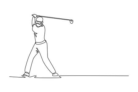 Single one line drawing male golfer finishing powerful swing with full follow through, showcasing athletic and graceful motion of sport. Culmination of perfect shot. Design graphic vector illustrationのイラスト素材