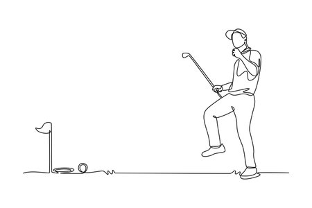 Single continuous line drawing male golfer celebrating a successful putt, depicting the joy and excitement of the sport. Golf event tournament. Dynamic one line draw graphic design vector illustrationのイラスト素材
