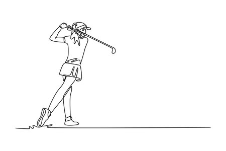 Continuous one line drawing woman golfer finishing her powerful swing with an elegant follow through. Beauty female athlete doing a successful shot. Single line draw design vector graphic illustrationのイラスト素材