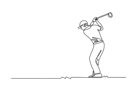 Single one line drawing male golfer completing powerful swing with athletic follow through. Motion, grace, dynamic, and elegant sport of golf. Continuous line draw design graphic vector illustrationのイラスト素材