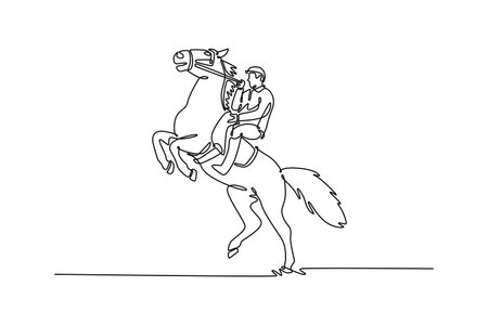Single line drawing of professional man jockey riding powerful horse rearing on its hind legs, depicting moment of elegant power, grace, and the deep bond between rider and animal. Vector illustrationのイラスト素材