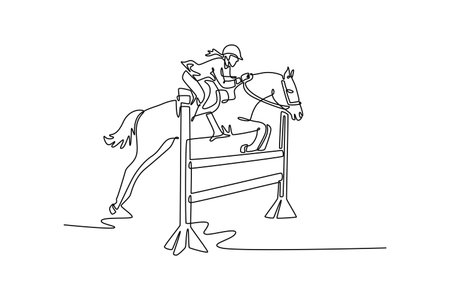 Continuous line drawing of woman jockey riding horse as they jump over hurdle, depicting the dynamic action, elegant partnership, and thrilling competition of the equestrian sport. Vector illustrationのイラスト素材