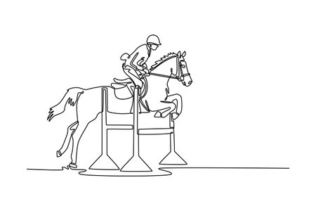 Continuous line drawing male equestrian rider and a horse are captured mid-jump, representing an industry concept with a sports theme, focusing on teamwork of the human and animal. Vector illustrationのイラスト素材