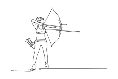 Continuous line drawing woman archer in an athletic pose is aiming her bow and arrow. Representing female empowerment, healthy lifestyle, and skill. Single line draw design vector graphic illustrationのイラスト素材