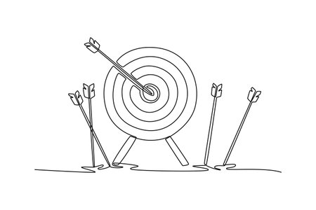 One line drawing of target with a bullseye arrow and several missed arrows. Symbolizing success, failure, and the concept of hitting your goals. Continuous line draw design graphic vector illustrationのイラスト素材