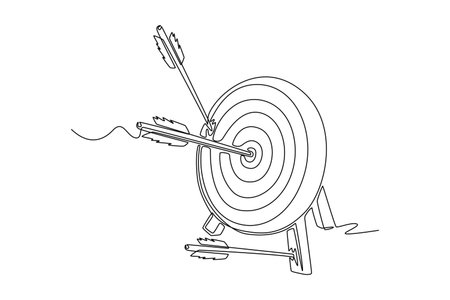 Single line drawing of archery target with two arrows hitting the mark and one arrow in the ground. Symbolizing hitting goals and importance of aiming. One line draw graphic design vector illustrationのイラスト素材