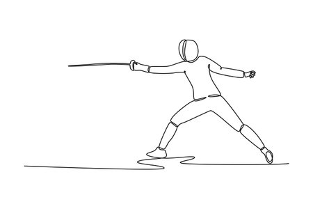 One line drawing professional fencer in a powerful wide stance with an extended foil. Symbolizing aggressive strategy, speed, and skill. Modern continuous line draw design graphic vector illustrationのイラスト素材