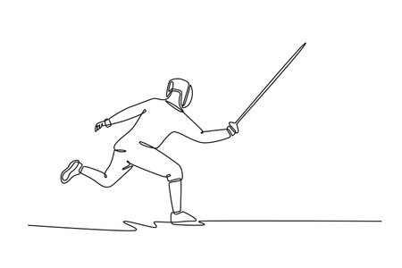 Single one line drawing attractive fencer is running forward with foil. Symbolizing speed, forward...