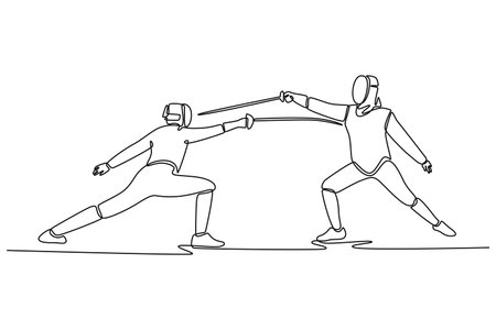 Continuous line drawing two fencers are engaged in a sword clash. Symbolizing the strategic balance...